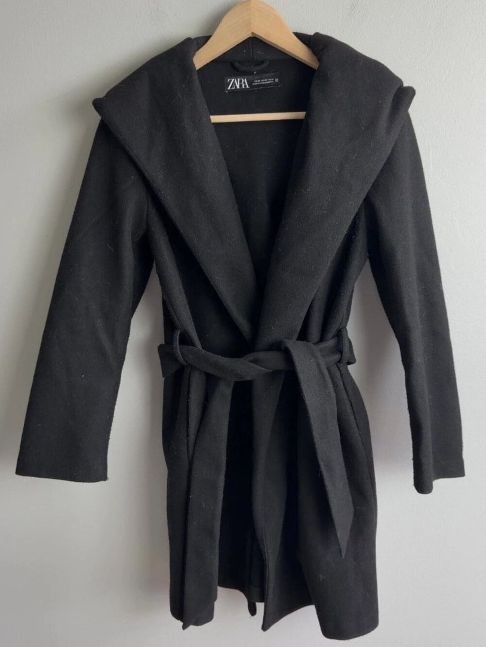 Zara Black Belted Wrap Coat with Hood Size XS Waist Tie Soft Fall Winter Women’s